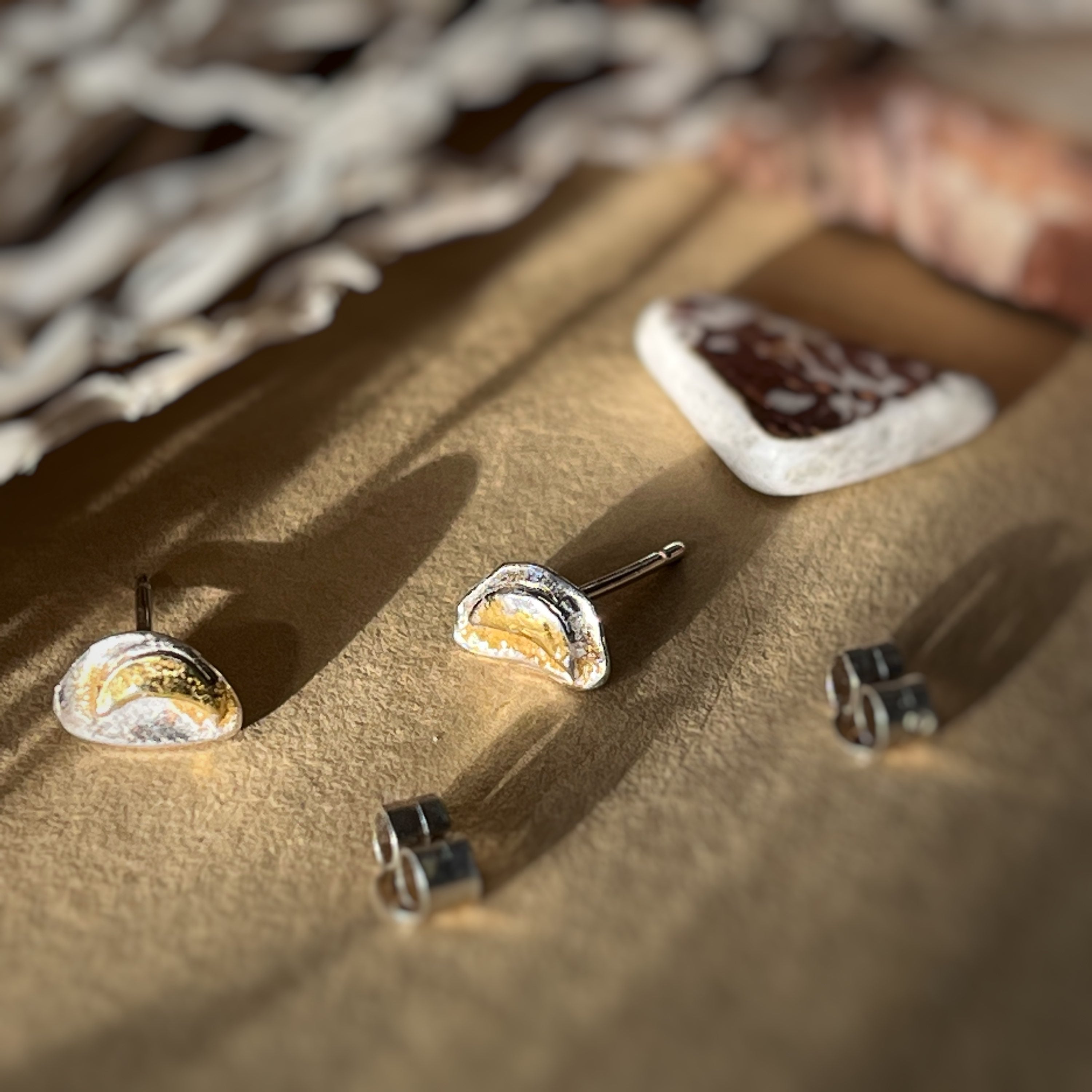 Moon Earring Studs, recycled sterling silver and 9ct gold image 1