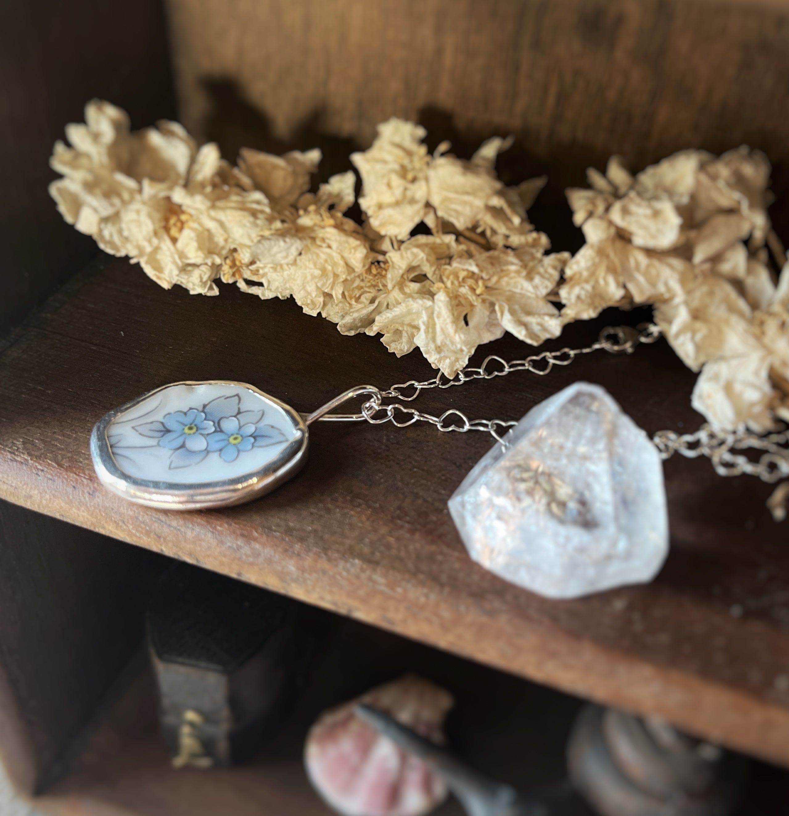 Forget-me-not repurposed china necklace, Recycled Sterling Silver  image 4