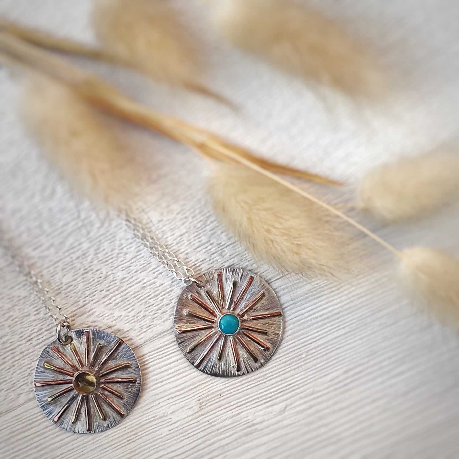 Sunburst Silver, Brass & Copper Pendant Necklace image 2