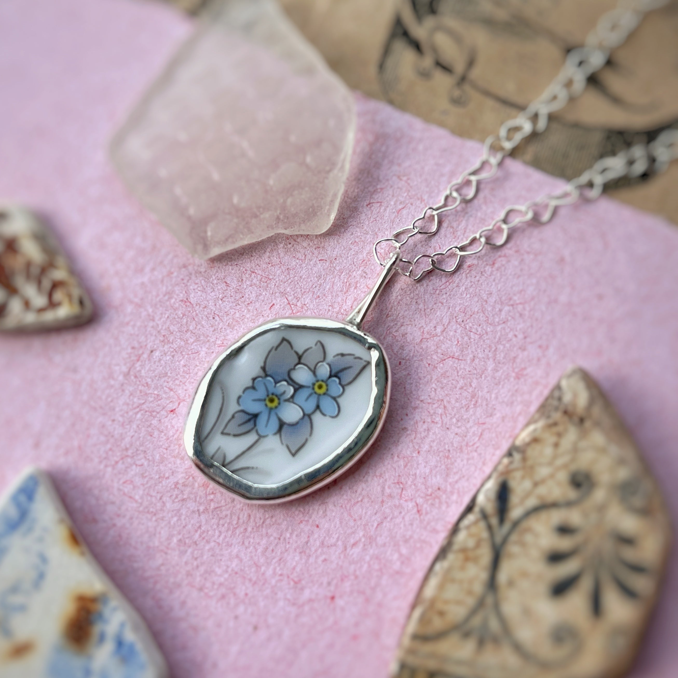 Forget-me-not repurposed china necklace, Recycled Sterling Silver  image 0