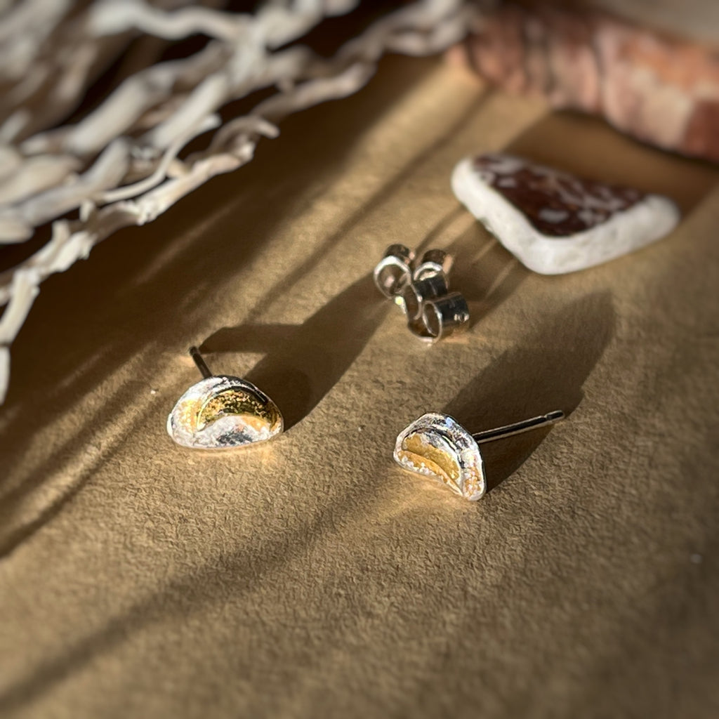Moon Earring Studs, recycled sterling silver and 9ct gold image 0