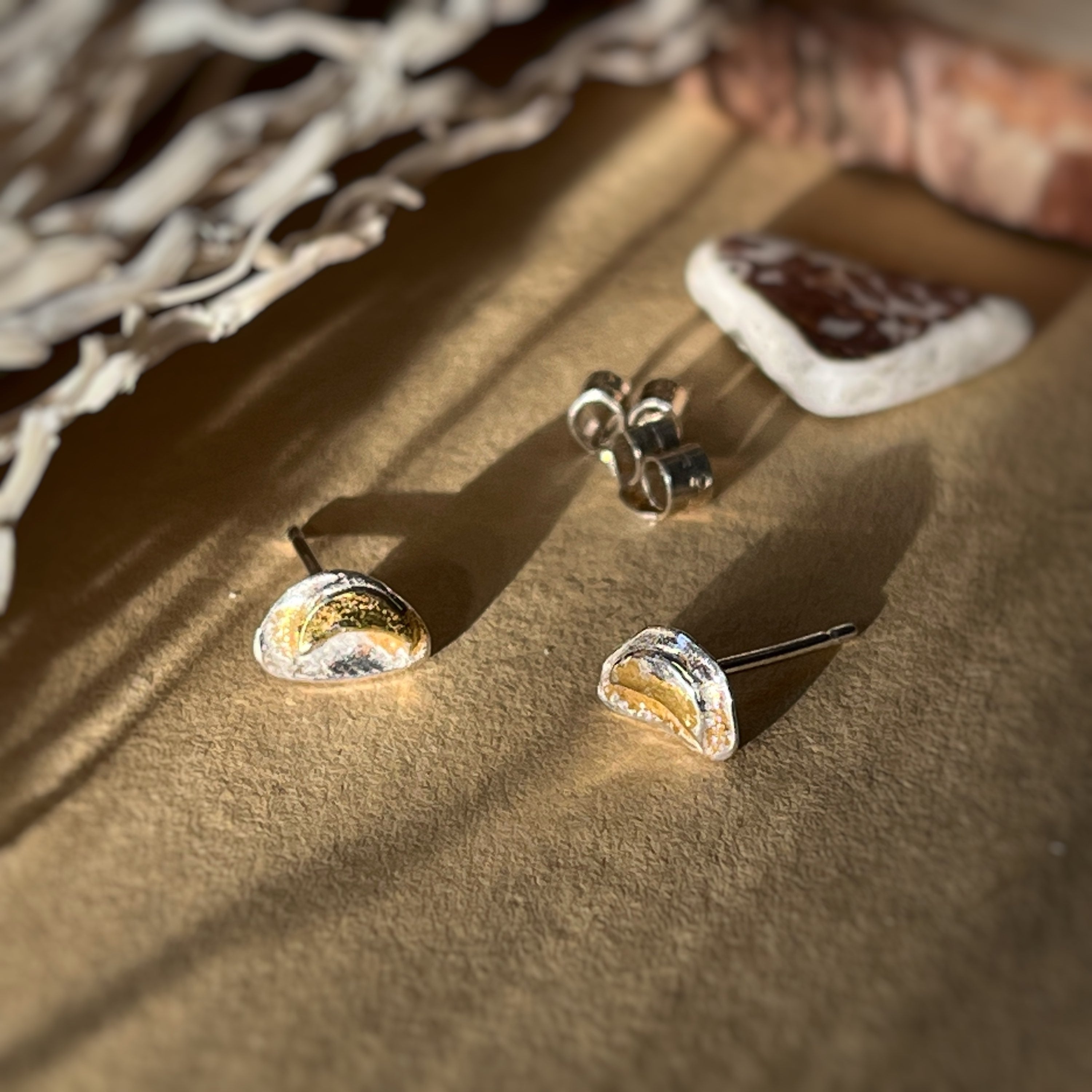 Moon Earring Studs, recycled sterling silver and 9ct gold image 0