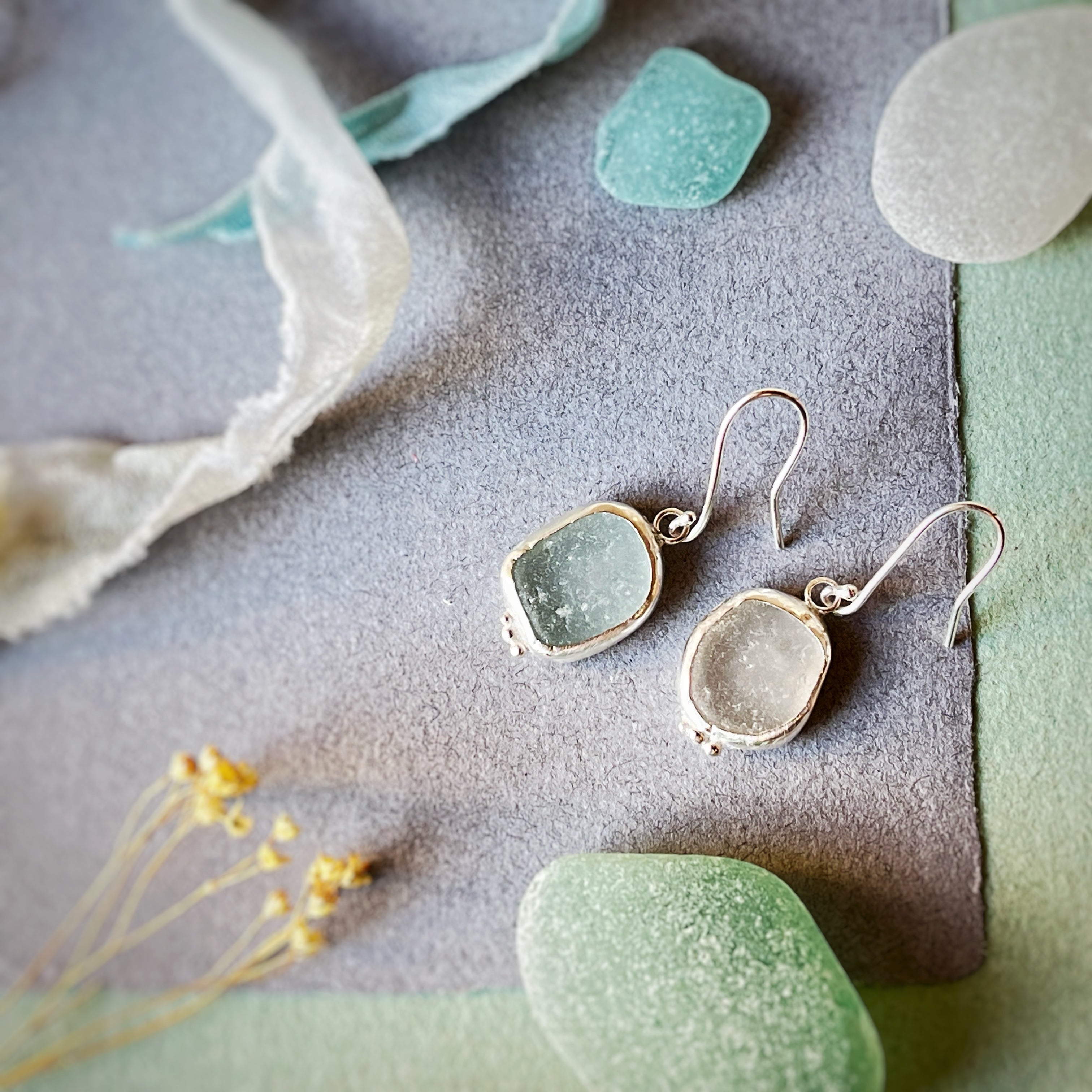 Silver Seaglass Earrings, Recycled Sterling Silver  image 0