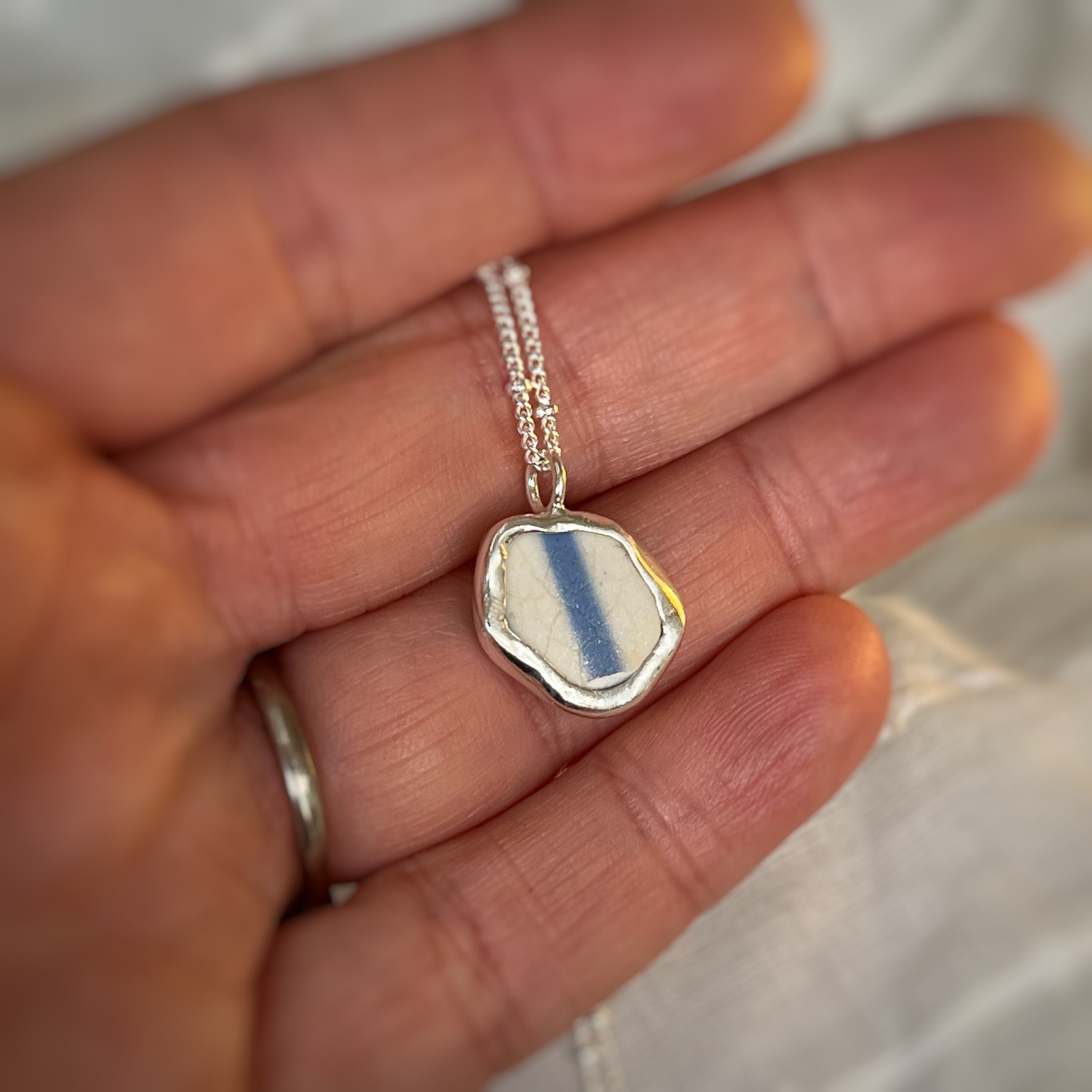 Blue Striped sea pottery bracelet, necklace & earrings,recycled sterling silver  image 2