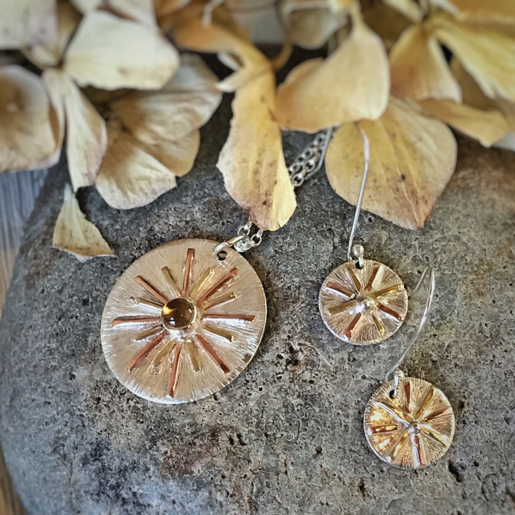 Sunburst Dangly Earrings, Recycled Sterling Silver, Copper, Brass image 3