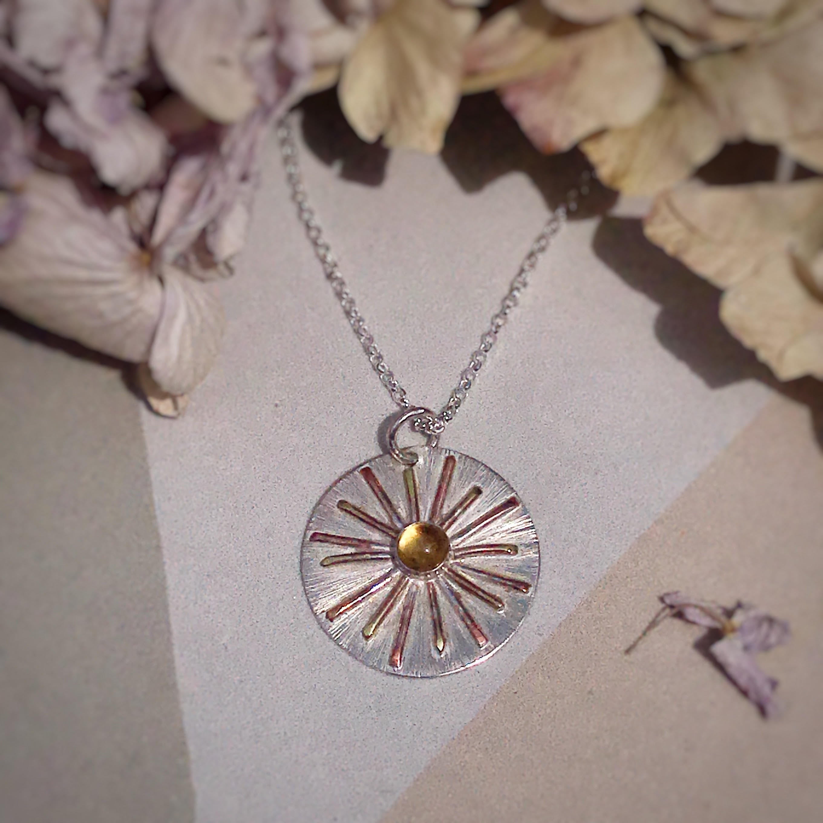 Sunburst Silver, Brass & Copper Pendant Necklace image 1