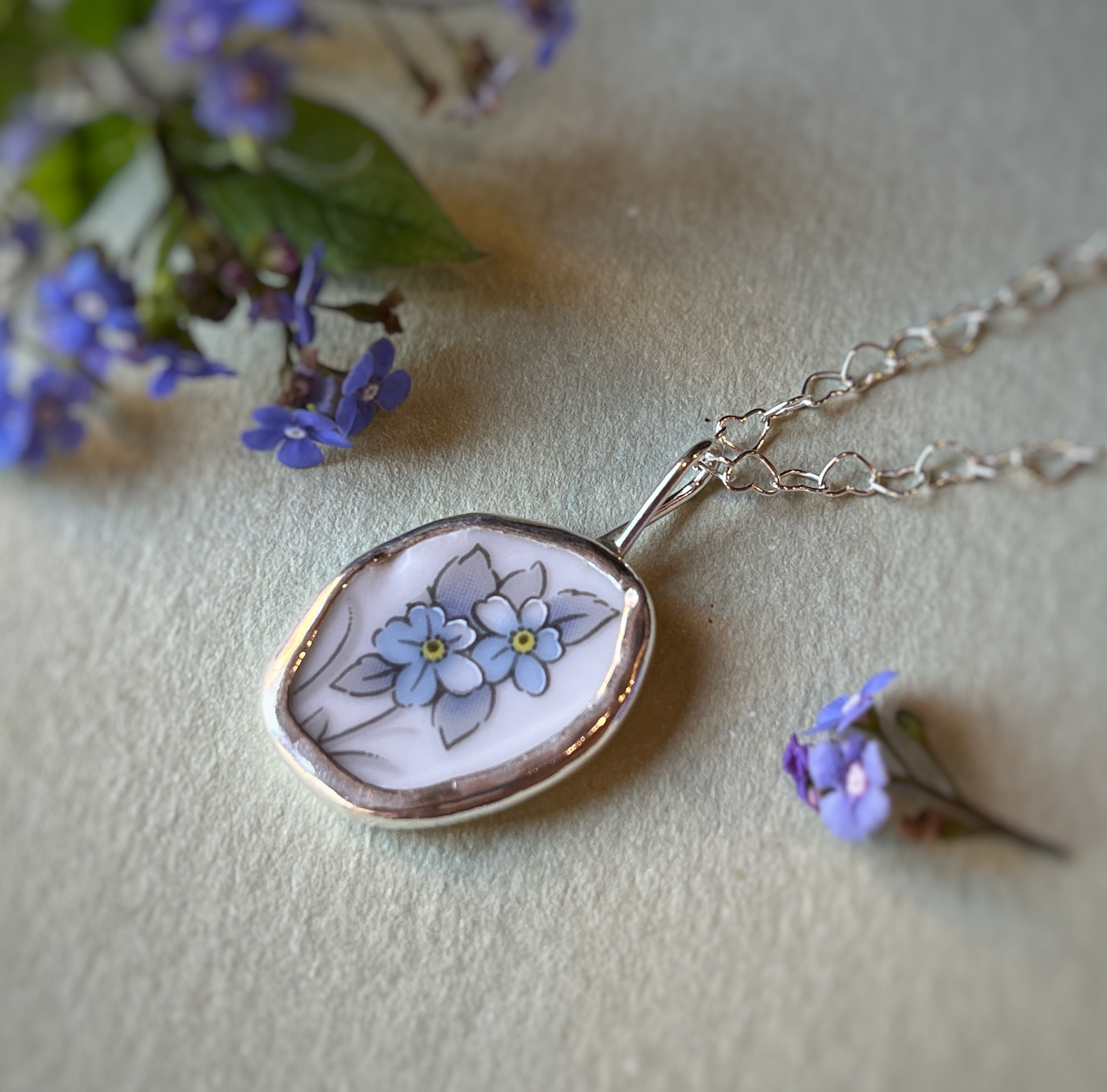 Forget-me-not repurposed china necklace, Recycled Sterling Silver  image 2